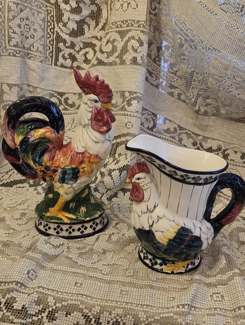Vintage 1998 CBK Ltd Ceramic Rooster Pitcher & Figurine Set Farmhouse Decor 2pc